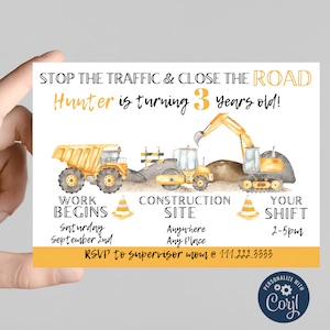 Close the road construction theme Birthday Invitation, join our crew to celebrate the birthday boy, dump truck, excavator, bulldozer, dirt