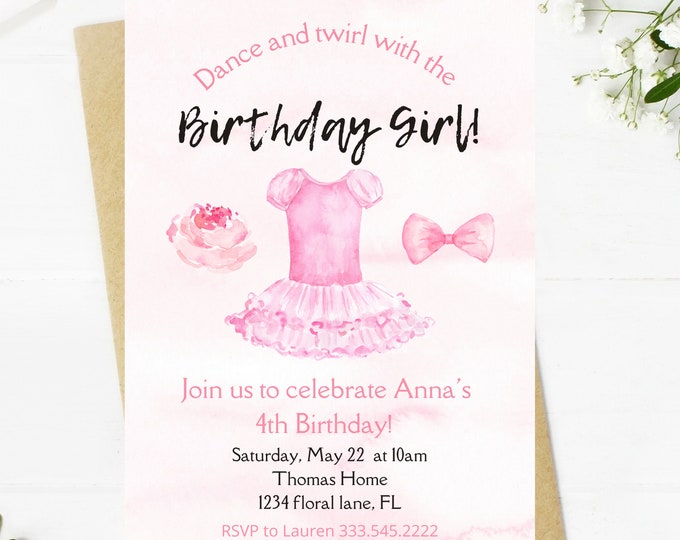 dance and twirl with the birthday girl, ballet theme light pink tutu themed birthday party invitation,  birthday invitation for little girl