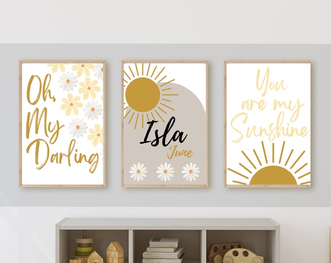 Oh my darling, baby girl nursery decor, sunshine, my little sunshine nursery decor wall art, daisies,  11x14, customizable