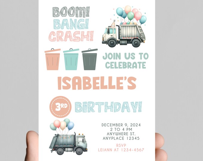 Boom, bang, crash, girl Garbage truck theme birthday Invitation, rubbage truck, recycle truck, Editable, printable