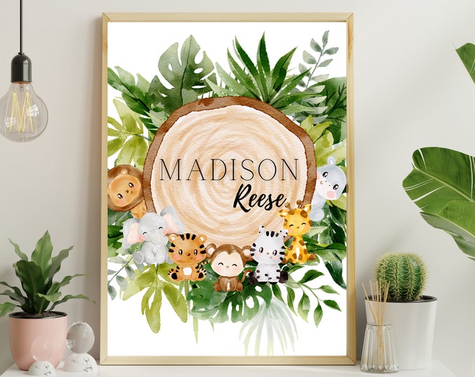 Safari animal boho nursery wall art, zoo animals and greenery, simple, minimalist, printable, name is editable, instant download template