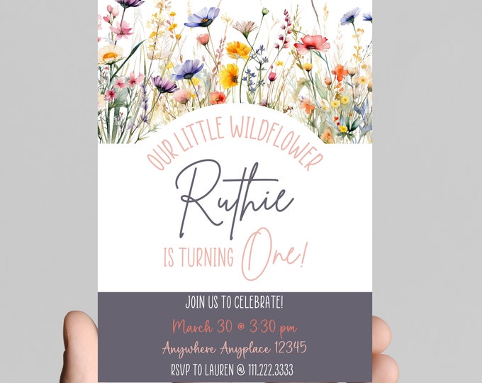 Our little wildflower, wildflower first birthday girl invitation, watercolor wildflower, floral, editable to any age