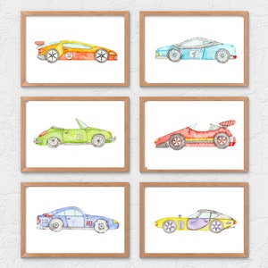 Buntes Aquarell Rennauto Kinderzimmer oder Kinderzimmer Dekor, Spielzimmer Wandbild, 14x11, 6er Set inklusive, ohne Rahmen