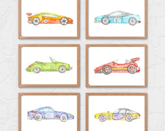 Watercolor Race Car Prints, Set of 6, Nursery Wall Art (Digital Download)