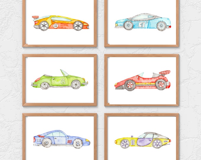 colorful watercolor race cars boy room or nursery decor, play room wall art, 14x11, set of 6 prints included, frame not included