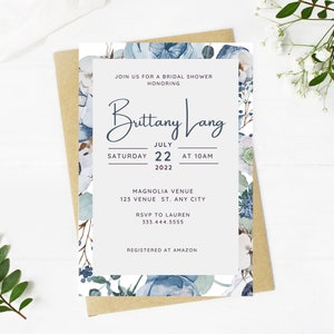 Bellissimo invito per addio al nubilato blu polvere, floreale, matrimonio, semplice, minimalista, stampabile, modificabile, modello di download immediato