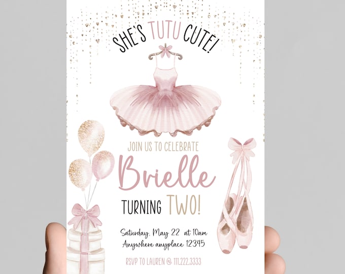 ballet light pink tutu themed birthday party invitation, tutu cute, two two cute, birthday invitation for little girl