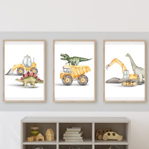 dinosaurs and Construction truck room decor, PRINTED and shipped 11x14inches, set of 3 printed on matte paper board, NOT FRAMED!