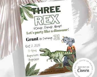 THREE REX! Stop Chomp Roar! Party like a t-Rex dinosaur 3rd birthday party invitation, boy birthday, 5x7in, customizable digital download