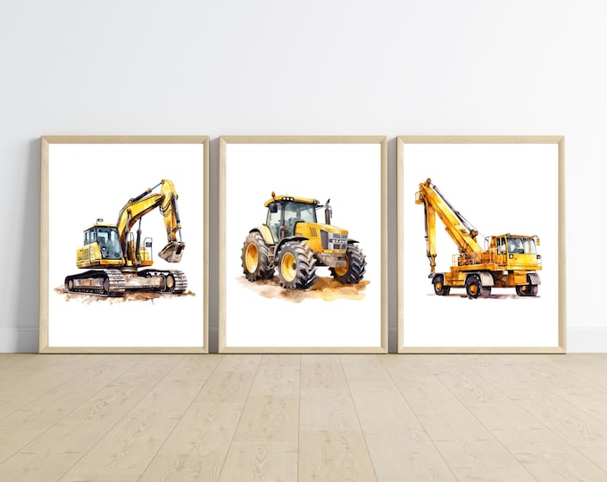 Construction truck room decor, PRINTED and shipped 11x14inches, set of 3 printed on matte paper board, NOT framed.