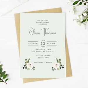 Beautiful white floral and greenery bridal shower invitation, Wedding, simple, minimalist, printable, editable, instant download template