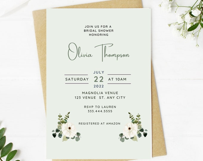 Beautiful white floral and greenery bridal shower invitation, Wedding, simple, minimalist, printable, editable, instant download template
