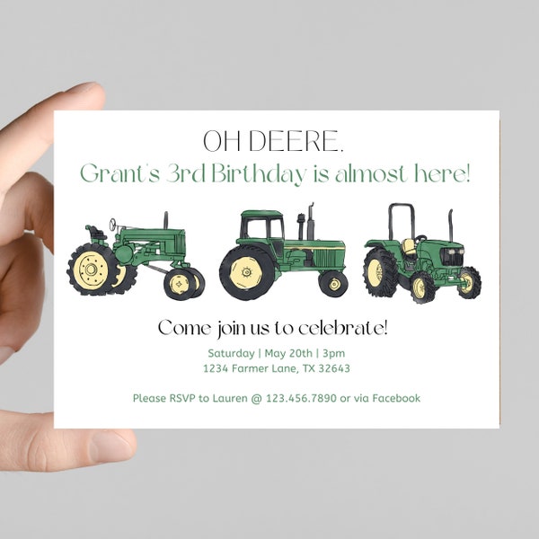 Oh DEERE. His birthday is almost here! Tractor themed birthday invitation, john deere tractors, green tractors, birthday boy invitation.