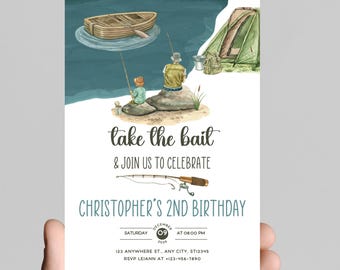 May include: A blue and white birthday invitation with a watercolor illustration of a father and son fishing. The text reads "take the bait & join us to celebrate Christopher's 2nd birthday". The invitation includes the date, time, and location of the party.