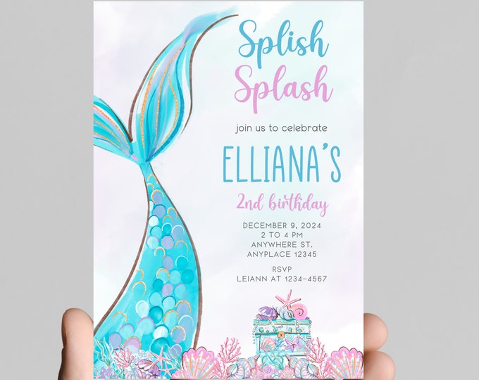 Mermaid and seashells theme girl birthday party invitation, sea shells, little mermaid tails, treasure, starfish, watercolor,age is editable