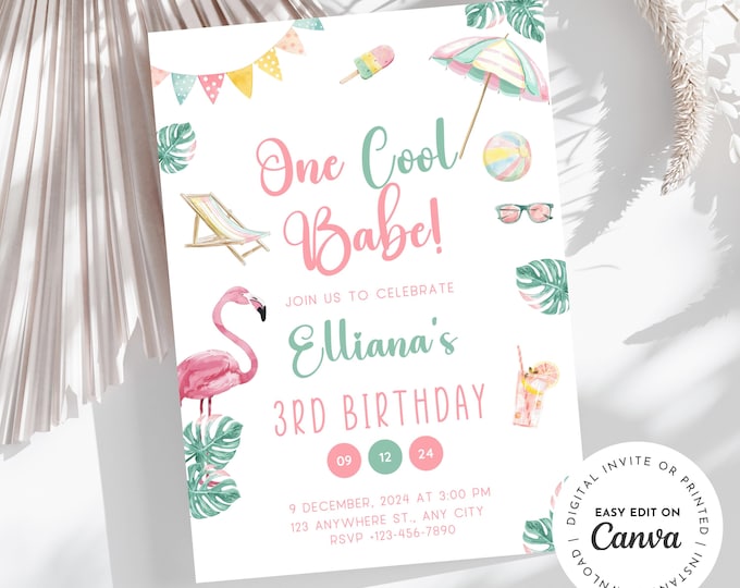 One cool babe, first birthday summer Pool party theme girl birthday invitation, pink, flamingo tropical, age is editable, digital, printable