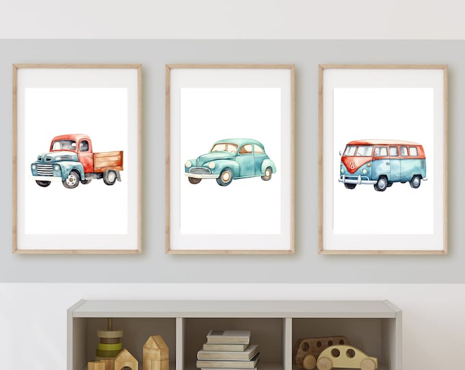 vintage antique Vehicles boy room decor, wall art, vintage trucks, 11x14, set of 3 prints included, frame not included