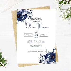 Beautiful navy blue bridal shower invitation, Wedding, simple, minimalist, printable, editable, instant download template