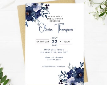 Beautiful navy blue bridal shower invitation, Wedding, simple, minimalist, printable, editable, instant download template
