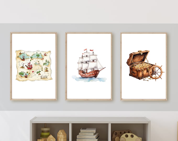 pirate theme kid’s nursery or room decor with child’s NAME,wall art, treasure map, pirate ship, treasure, 11x14,set of 3, frame not included