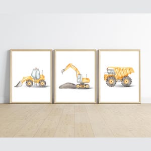 Construction truck room decor, PRINTED and shipped 11x14inches, set of 3 printed on matte paper board, NOT framed.