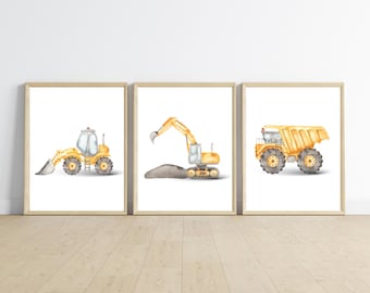Construction truck room decor, PRINTED and shipped 11x14inches, set of 3 printed on matte paper board, NOT framed.