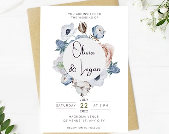 Beautiful Wedding invitation, dusty blue floral, Wedding, blue floral, navy, printable, editable, instant download template, e-card, Bridal