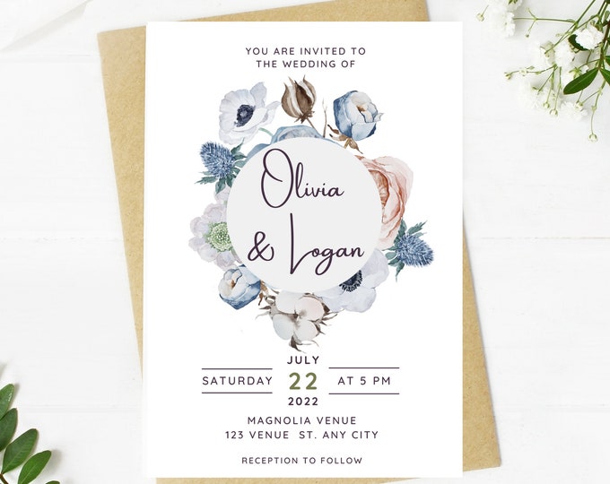 Beautiful Wedding invitation, dusty blue floral, Wedding, blue floral, navy, printable, editable, instant download template, e-card, Bridal