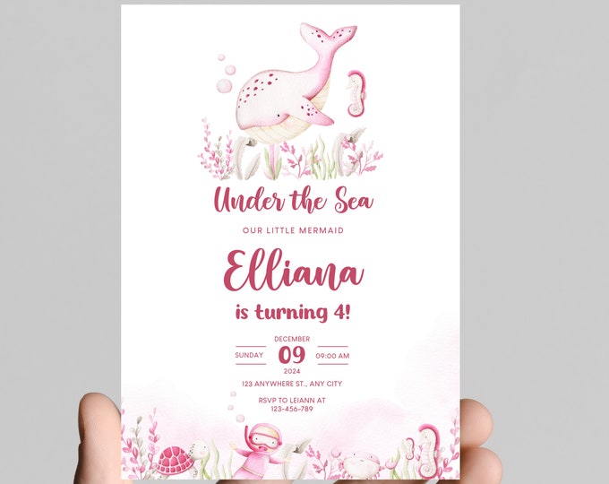 Under the sea theme girl birthday party invitation, pink ocean animals, splish splash, edit to any age, deep sea, ocean