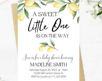 lemon baby shower invitation, a sweet little one is on the way, lemons and greenery, lemon wreath, baby shower, mom to be, minimalist