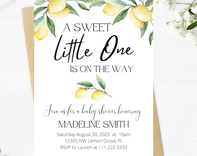 lemon baby shower invitation, a sweet little one is on the way, lemons and greenery, lemon wreath, baby shower, mom to be, minimalist