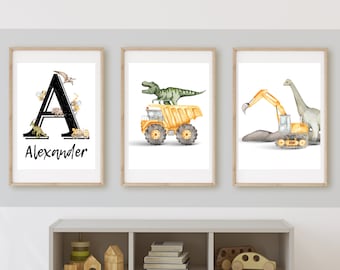 Dinosaur and Construction Truck Prints, Kids Room Decor (Digital Download)