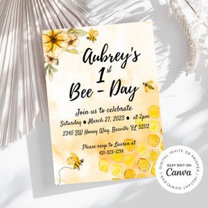 Honey Bee Editable Canva Birthday invitation for Baby Girl, Baby Boy, Bee-day Invitation Birthday Party, E-invite, Printable, Honey Bee
