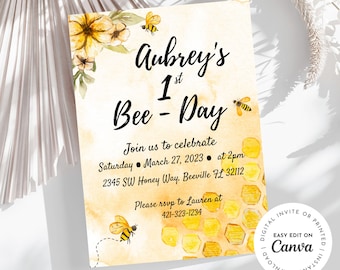 Honey Bee Birthday Invitation, Bee-Day Party, Editable Canva Template