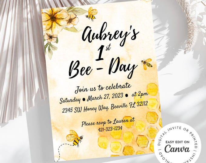 Honey Bee Editable Canva Birthday invitation for Baby Girl, Baby Boy, Bee-day Invitation Birthday Party, E-invite, Printable, Honey Bee