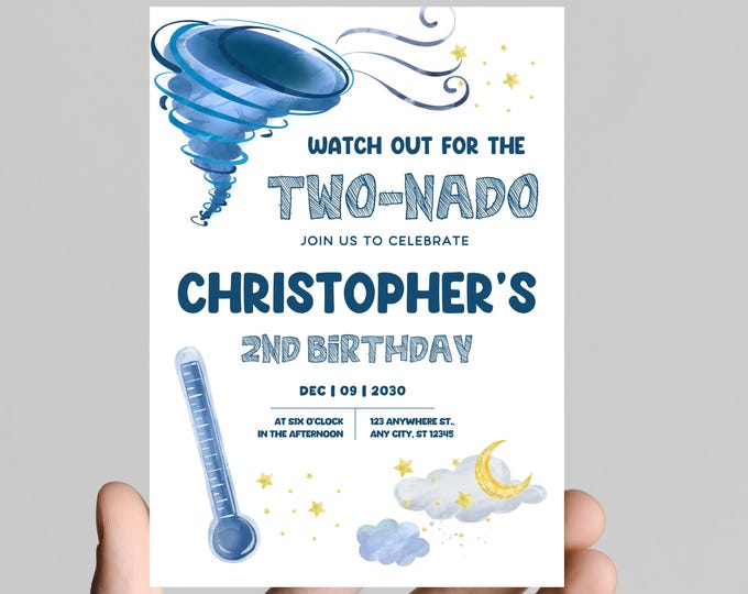 Twist on over! Storm warning! Two-nado! Tornado themed 2nd birthday party invitation, boy 3rd birthday, printable, digital