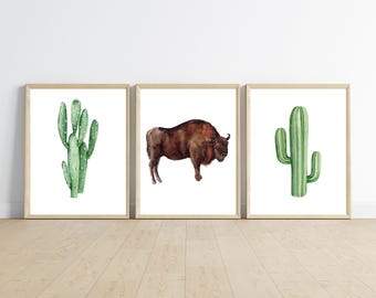 western bison buffalo cactus room decor, wall art, 11x14, set of 3 prints included, customizable, frame not included