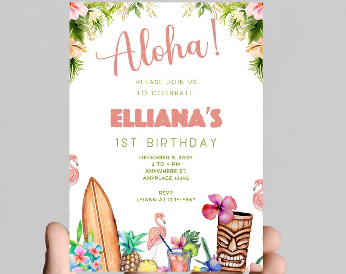 Hawaiian luau theme girl birthday invitation, pink flamingo, tropical, age is editable,  digital or printable
