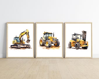 Construction truck room decor, PRINTED and shipped 11x14inches, set of 3 printed on matte paper board, NOT framed.