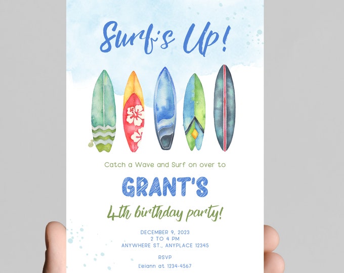Catch the big ONE surfing our little dude’s first birthday invitation, surf theme, waves, beach, surfboards, ocean waves, customizable