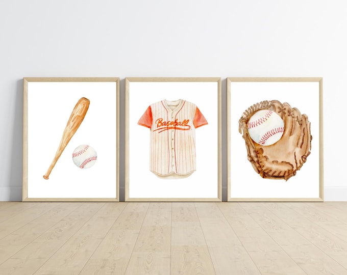 Baseball wall art, baseball theme boy bedroom decor, baseball glove, sports, 11x14, set of 3 prints, digital download