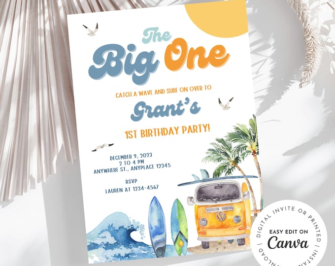 Surfing Birthday Invitation, The Big One, Surfer Baby Boy, Summer Party, Retro, Waves, Surf Board, Seaside, Beach 1st Birthday, Catch a Wave