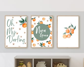 sweet clementine tangerine nursery wall art decor with baby's name, watercolor clementine orange tangerine, 11x14, customizable