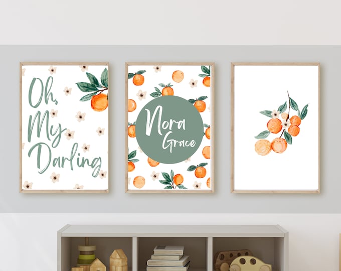 sweet clementine tangerine nursery wall art decor with baby's name, watercolor clementine orange tangerine, 11x14, customizable