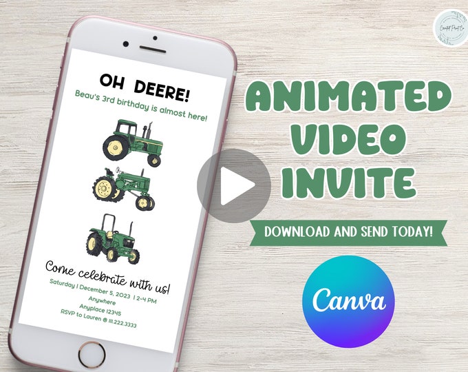 Oh DEERE. His birthday is almost here! Tractor theme birthday video invitation, john deere tractors, green tractors,birthday boy invitation.