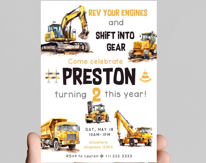 construction truck theme Birthday Invitation,join our crew to celebrate the birthday boy, edit to any age,  dump truck, excavator, bulldozer