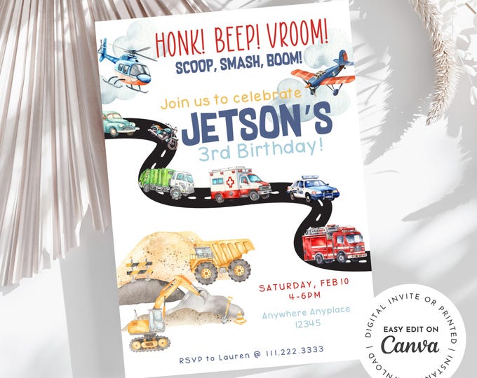 Transportation theme, all things that go! Fire truck, garbage truck, construction trucks, police car, airplanes. Boy birthday invite,any age