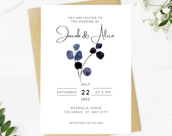 Beautiful Wedding invitation, dusty blue floral, Wedding, blue floral, navy, printable, editable, instant download template, e-card, Bridal