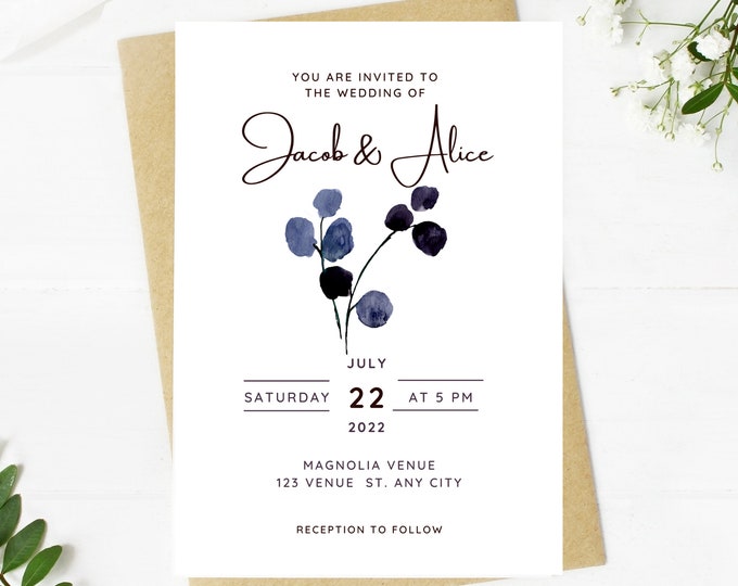 Beautiful Wedding invitation, dusty blue floral, Wedding, blue floral, navy, printable, editable, instant download template, e-card, Bridal