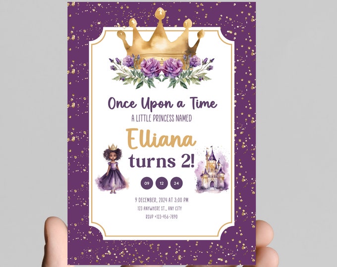 Princess theme birthday invitation, African American Princess, castle, carriage, gold glitter, purple, girl birthday party, customizable